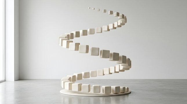 Smooth ivory ceramic blocks floating at different heights along an upward spiral trajectory, minimalist premium 3D sculpture, soft studio lighting, clean background.