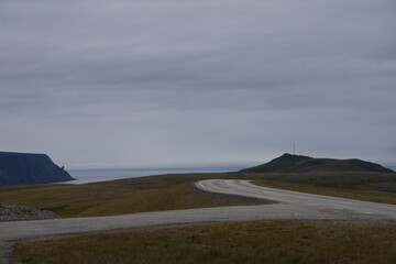 An empty asphalt road winding through arctic tundra towards coastal cliffs and the ocean under an overcast sky near Nordkapp. © Adam