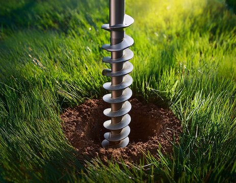 drilling soil hole with mechanical auger on green grass