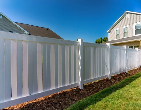 new white vinyl privacy fence installed in a residential backyard