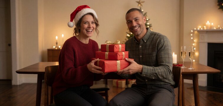 Friends celebrating Christmas, a happy couple exchanging wrapped gifts in a warmly lit dining room setting.
