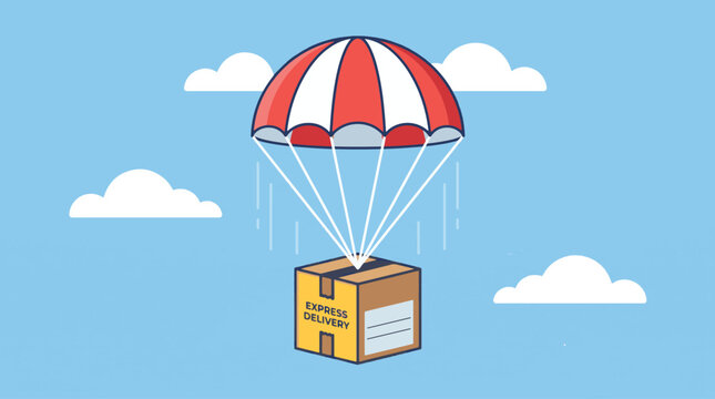 Flat vector of a parcel descending by parachute, representing rapid shipping.