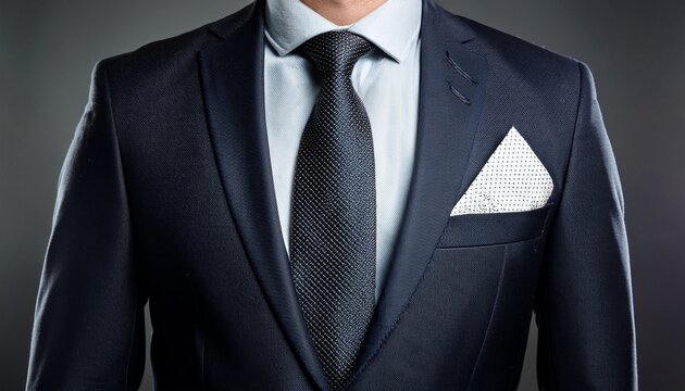 close up of formal business suit with pocket square and polka dot tie