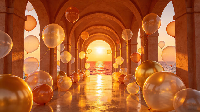 Golden balloons floating through a stone colonnade toward a sunset over the ocean,coopy space