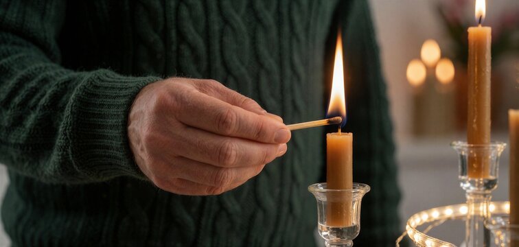 Man lighting a candle with a match, suggesting a cozy Christmas dinner conversation atmosphere.