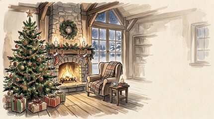 Obraz premium Sumi-e and watercolor style illustration of a decorated Christmas tree and a lit fireplace in a living room