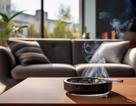 cozy modern living room with cigarette ashtray and burning cigarette