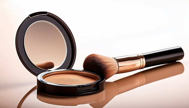 a compact powder foundation with a mirror and makeup brush