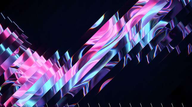 Abstract liquid metal ribbons exhibit vibrant holographic light reflections through diagonal glass panels creating a futuristic aesthetic in this high resolution artistic digital render graphic art