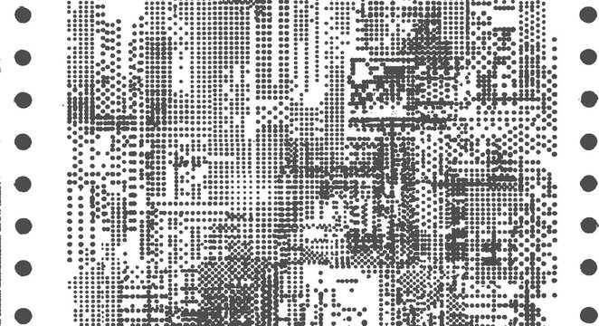 Abstract halftone texture background. Complex geometric data patterns and side holes mimic an obsolete paper punch card or circuit board.
