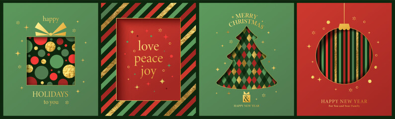 Naklejka premium Merry Christmas greeting card template in paper cut style. Vector winter holiday background. Handmade New Year cartoon style bauble, tree, gift box. Shiny gold foil texture. Geometric patterns.