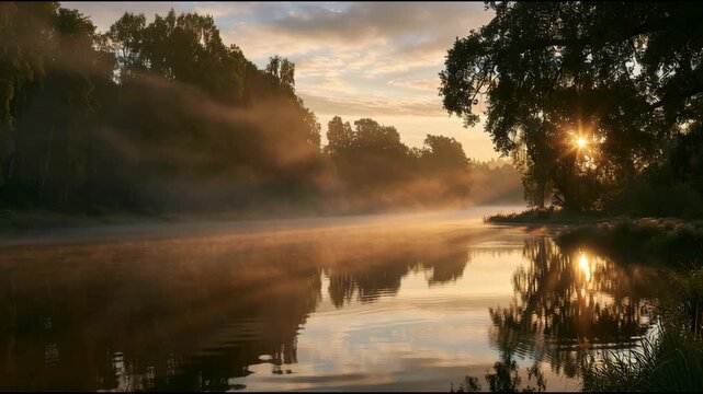 Sunrise lights up the river as soft god rays shine through tree branches creating a warm atmosphere near the water.