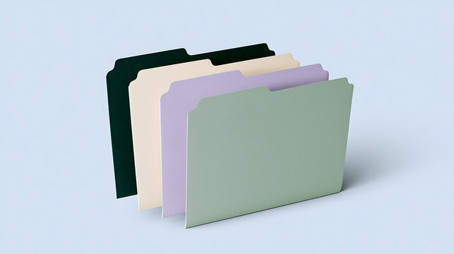 Colorful paper folders arranged in a neat row on a clean light blue background for organization, administration, and archive projects