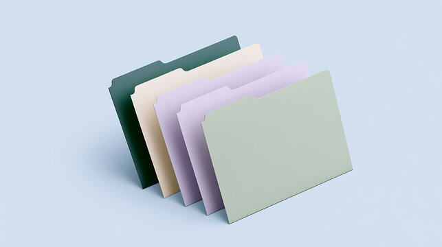 Minimalist render of pastel color file folders arranged neatly on a solid background, symbolizing organization, office work, and data