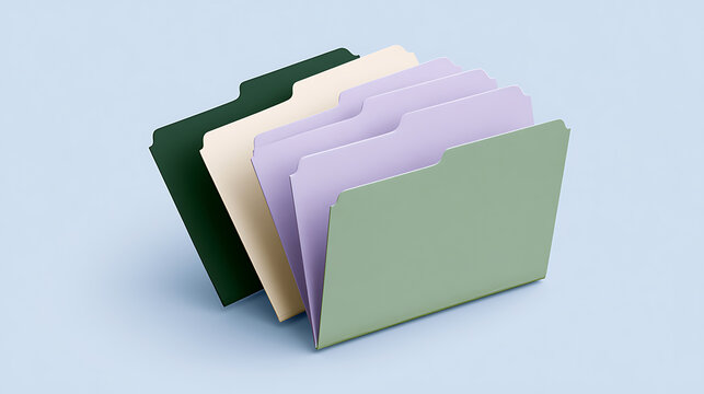 Colorful file folders with tabs arranged neatly in a row on a clean blue background for office organization and document management