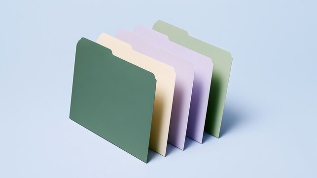 A neat row of colorful pastel paper file folders stand upright on a clean light blue surface, creating a modern minimalist business design