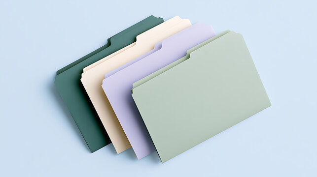 Minimalist flat lay composition featuring four colorful pastel file folders arranged neatly on a clean light blue background for work use