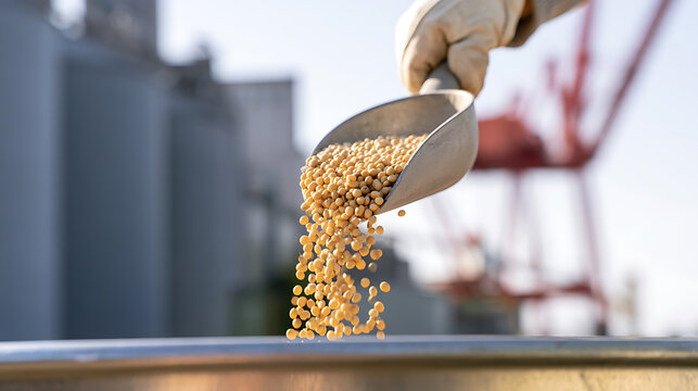 A close up view of a gloved hand holding a metal scoop and pour raw soybean crop into a container inside a modern industrial plant
