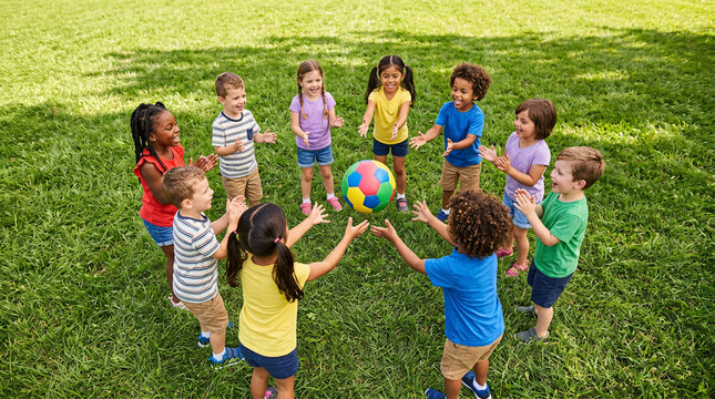 A vibrant group of young children in a park, all in colorful clothing, play together in a circle, tossing a multi-colored ball. Their happy faces and engaged postures radiate pure.