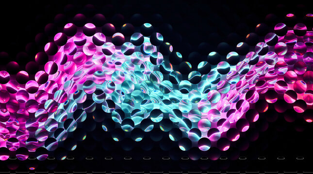Vibrant glowing spheres arranged in a rhythmic undulating wave pattern featuring high contrast neon magenta and cyan colors captured with a sharp digital macro artistic aesthetic.