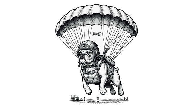 Vintage woodcut of a bulldog parachuting in flight.