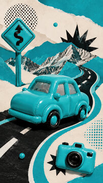 image.pngRoad trip freedom and the open winding route ahead pictured as a glossy inflatable car crossing torn paper mountain scenery