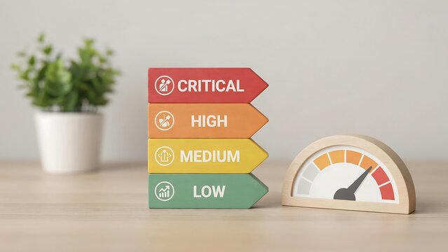 Color coded risk level indicators with priority arrows and gauge showing severity levels on wooden surface