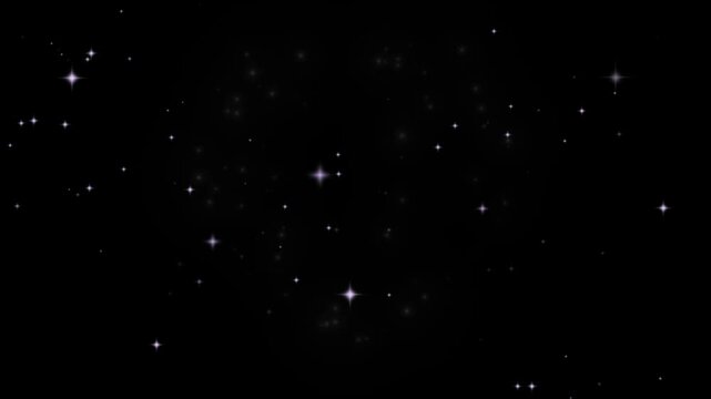 Animated glowing heart shape made of sparkling lights and stars rotating on dark background with video displays rotating heart outline formed glowing particles colorful stars black