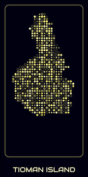 Tioman Island digital style map. Small circle dots on dark background. Dotted shape of the island. Vector map and title. Classy vector illustration.