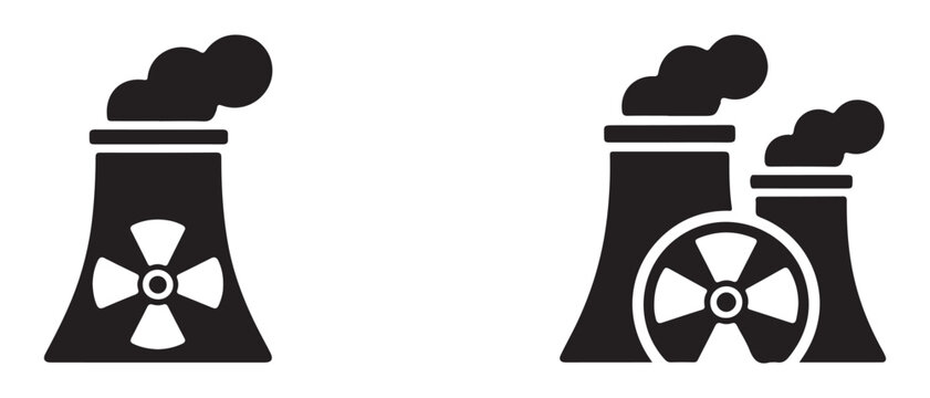 Industrial nuclear power plant cooling towers and radioactive symbol icons set vector collection.