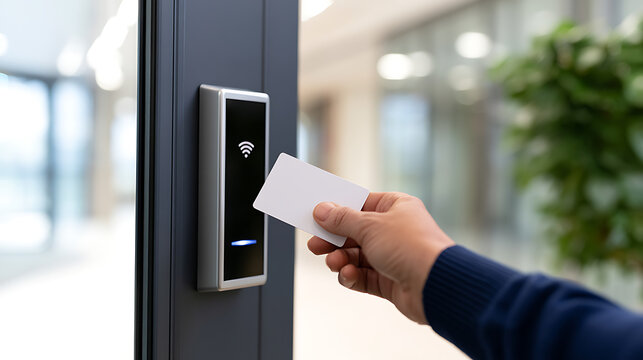 Person scan smart card at electronic door lock reader in modern office building corridor for security access control system business use