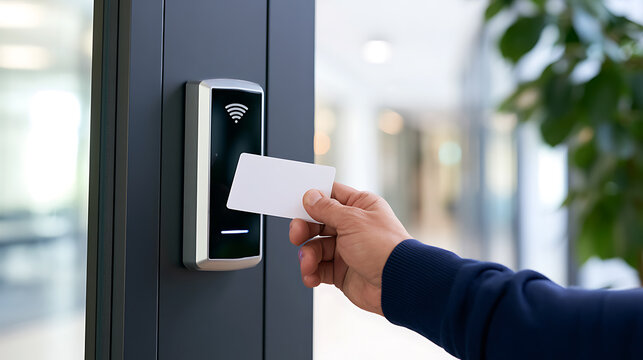Access control system reader on office building door with hand scanning smart card for secure entry entry keyless system technology unlock