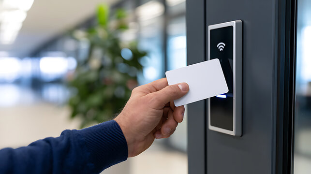 Close-up view of a person hand holding a white blank access card to unlock a modern electronic security reader panel in an office building