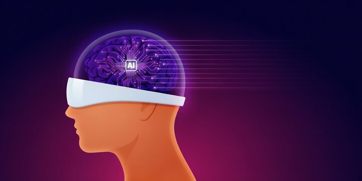 Human head silhouette with glowing AI brain and digital neural network interface