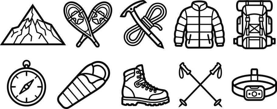 Winter Mountaineering and Hiking Outdoor Gear Line Icon Set with Mountain Snowshoes Backpack Jacket Boots and Camping Equipment Symbols for Adventure Designs