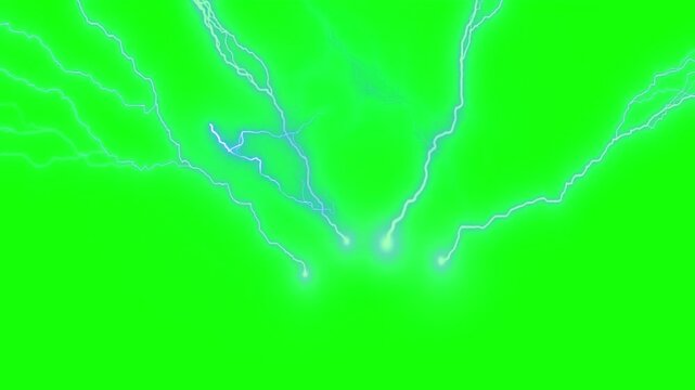 Multiple bright blue lightning bolts flashing against a solid vibrant green background for chroma key with electrical lightning flashing across video multiple electricity