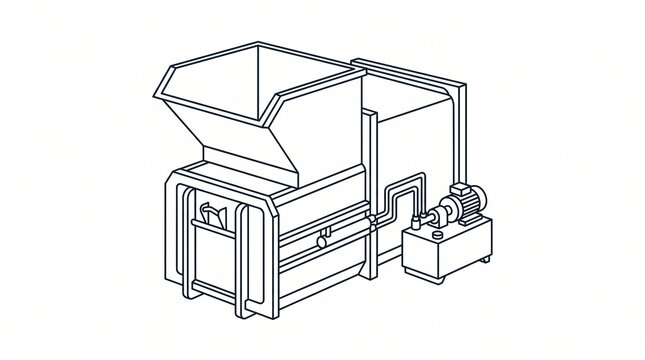 Industrial waste shredder machine line drawing on white background