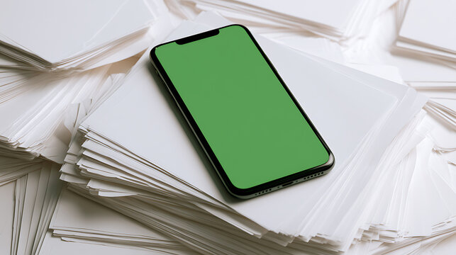 Smartphone with green screen display placed on top of large stacks of white paper documents in an office work environment for business
