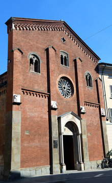 gabled terracotta fa&ccedil;ade of the Church of San Donnino, a Romanesque-style religious building located in Largo Cesare Battisti in the historic center of Piacenza italy