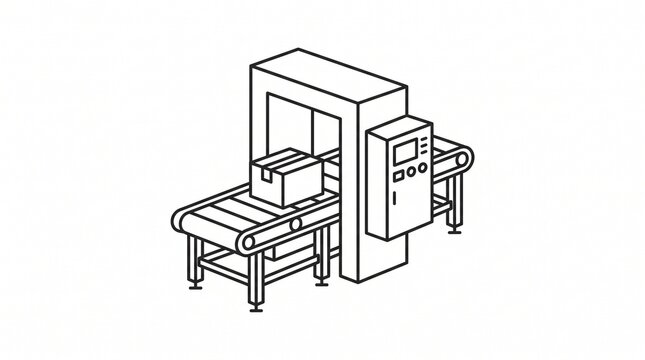 Isometric conveyor belt with cardboard box moving through scanner unit