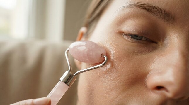 Face roller gliding on cheek