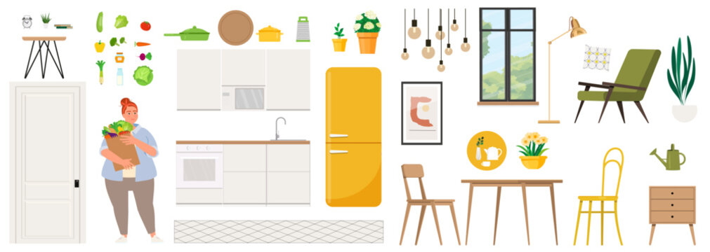 Modern kitchen and living room furniture element set clipart with character