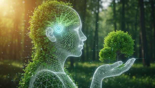 Digital human profile with greenery holding a small tree in a forest