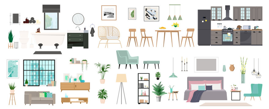 Ultimate home furniture and interior design constructor element set clipart