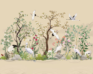 Japanese chinoiserie garden wallpaper with white cranes, flowering trees and tropical plants on beige background, oriental crane bird mural © Mondal_01