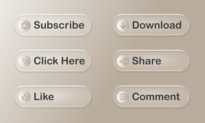 Fototapeta premium Interactive website button set in glassmorphism style features subscribe download like share and comment options with translucent frosted glass effects on neutral beige background.