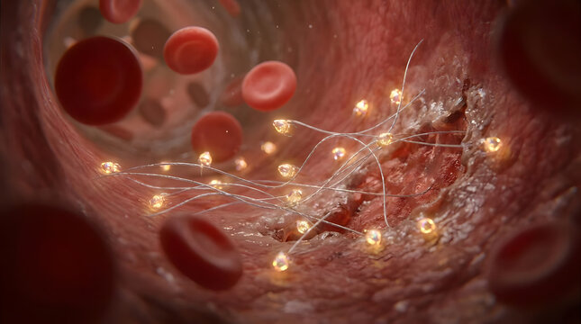 Microscopic view of blood clot formation with red blood cells and fibrin strands