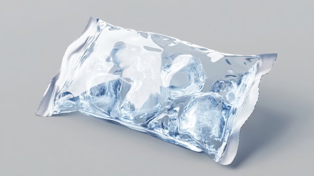 Ice cubes are sealed inside a transparent plastic wrapper, lying horizontally on a neutral studio background.