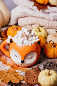 autumn background. Cute orange fox mug filled with hot chocolate topped with whipped cream, marshmallows and cinnamon, styled with white pumpkins, knitted blankets, autumn leaves and rustic fall