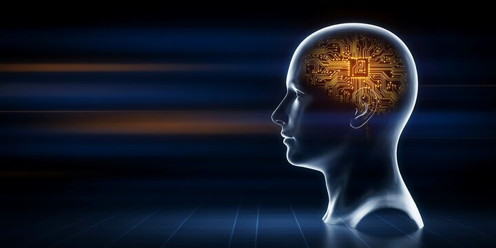 Human head silhouette with glowing digital circuit brain representing artificial intelligence